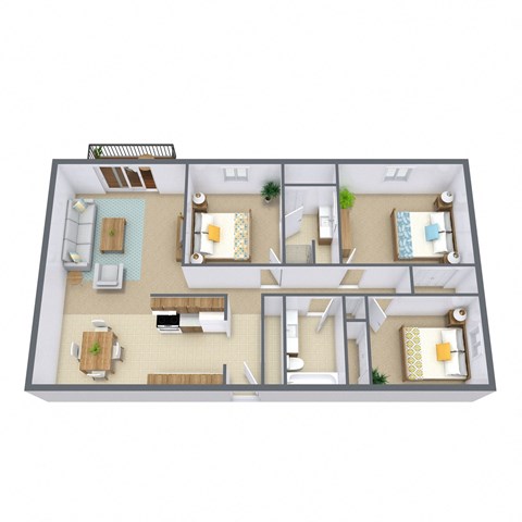 Floor plan for 3 beds, 1.8 baths, 1200 sqft